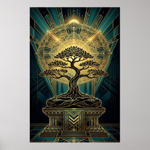 Art Deco Zen Bonsai Boom Mandala Goud Teal Poster