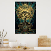 Art Deco Zen Bonsai Tree Mandala Gold Teal Poster (Cuisine)