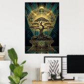 Art Deco Zen Bonsai Tree Mandala Gold Teal Poster (Bureau à domicile)