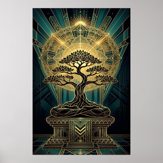 Art Deco Zen Bonsai Tree Mandala Gold Teal Poster (Devant)