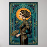 Art Deco zijprofiel danser gouden teal waaierposte