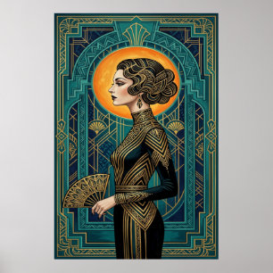Art Deco zijprofiel danser gouden teal waaierposte Poster