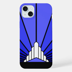 Art deco zon in blauw iPhone 15 plus case