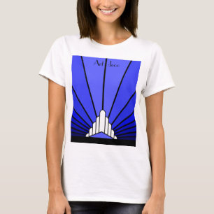Art deco zon in blauw t-shirt