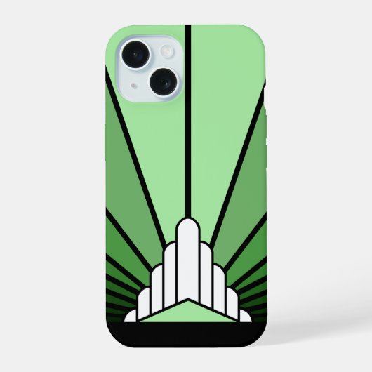 Art deco zon in het groen iPhone 15 hoesje (Achterkant)