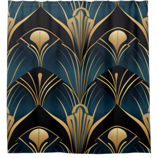 Art Deco Zwart Blauw en Goud symmetrisch Douchegordijn (Voorkant)