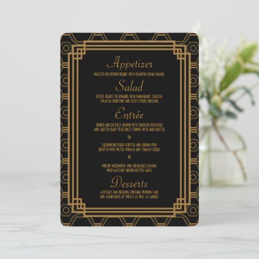 Art Deco Zwart Bruiloft Menu Kaarten (Staand voorkant)