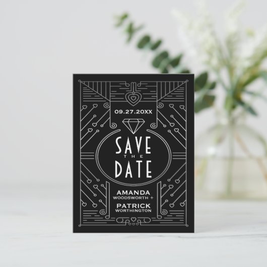Art Deco  Zwart Bruiloft Save The Date Kaarten (Staand voorkant)