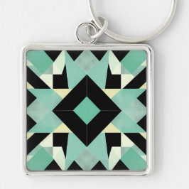 Art Deco Zwart en Blauwgroen Geometrische Sleutelh Sleutelhanger