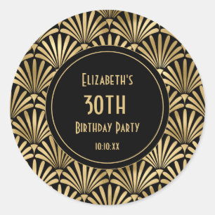 Art Deco Zwart en Goud 30e Verjaardagsfeest Ronde Sticker