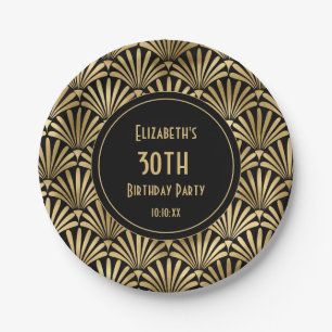 Art Deco Zwart en Goud 30ste Verjaardagsfeest Papieren Bordje