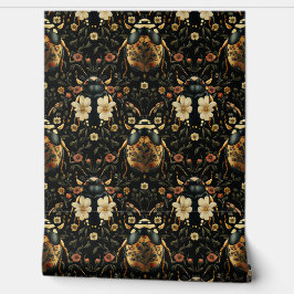 Art Deco Zwart en Goud Bloemen Kever Patroon Behang