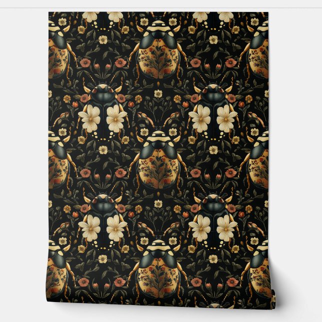 Art Deco Zwart en Goud Bloemen Kever Patroon Behang (Afrollen)