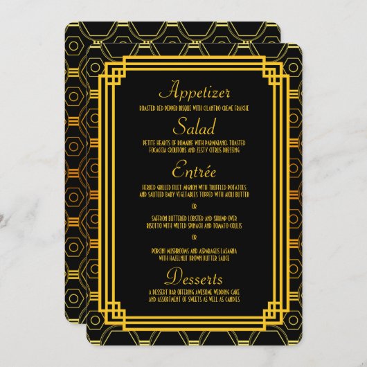 Art Deco Zwart en Goud Bruiloft Menu (Voorkant / Achterkant)