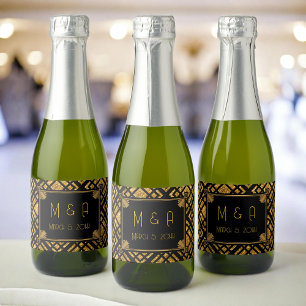 Art Deco Zwart en Goud bruiloft Mini Wijnlabel Sparkling Wijnetiket
