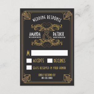 Art Deco Zwart en Goud Bruiloft RSVP Kaarten Kaartje