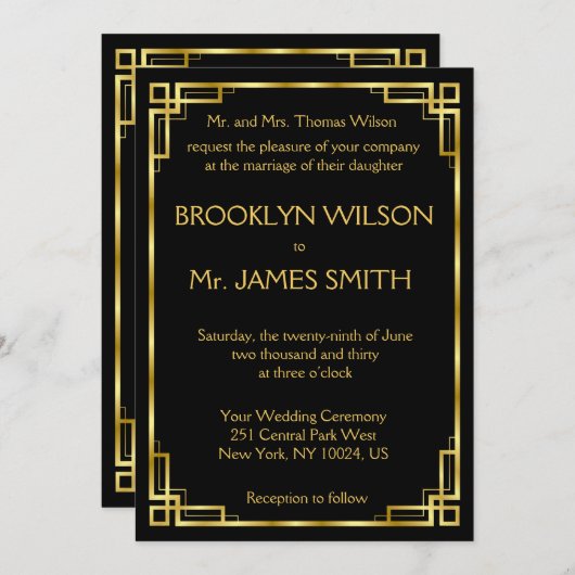 Art Deco Zwart en Goud bruiloft uitnodiging Kaart (Voorkant / Achterkant)