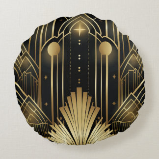 Art Deco Zwart en Goud - Elegant Vintage Geometrie Rond Kussen