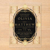 Art Deco zwart en goud geometrische bruiloft Acryl Uitnodigingen (Voorkant)