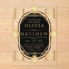 Art Deco zwart en goud geometrische bruiloft Acryl Uitnodigingen