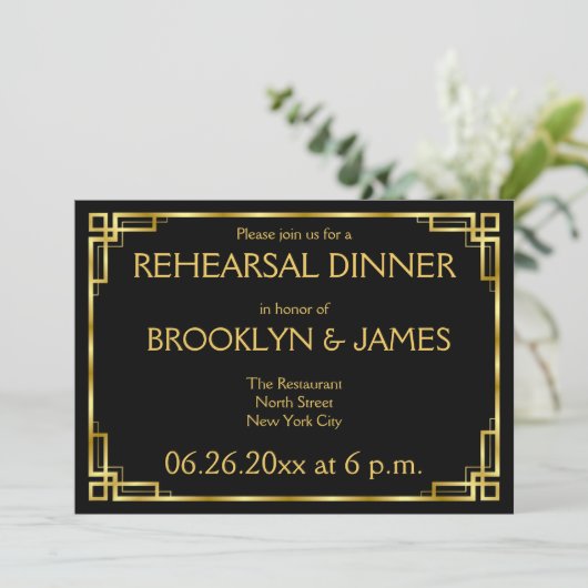 Art Deco Zwart en Goud Huwelijksrepetitie Uitnodig Kaart (Staand voorkant)