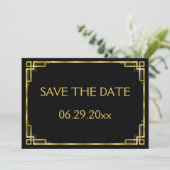 Art Deco Zwart en Goud Trouwen Save The Date Kaart (Staand voorkant)