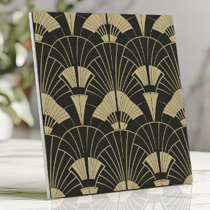 Art Deco Zwart en Goud Waaierspatroon Tegeltje