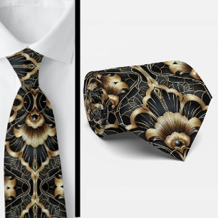 Art Deco Zwart en Goud Zee Schelp Patroon Heren Da Stropdas