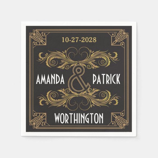 Art Deco  Zwart en Gouden Bruiloft Servetten (Voorkant)