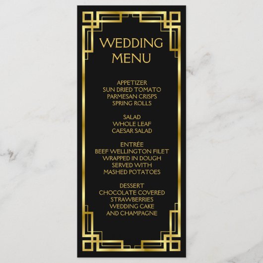 Art Deco zwart en gouden menu voor bruiloft (Voorkant)