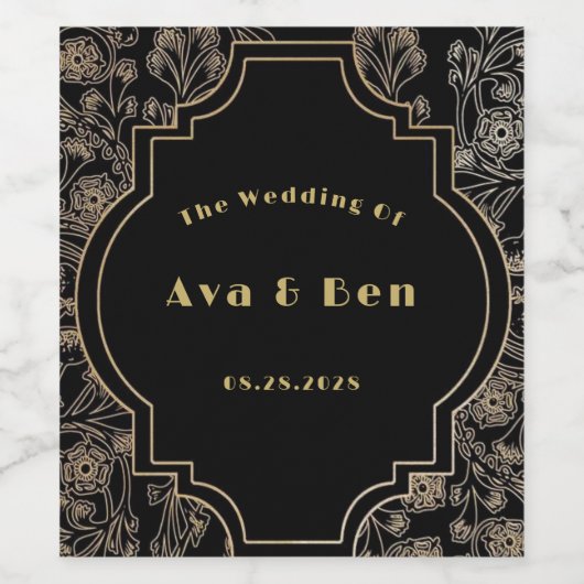 Art Deco Zwart Goud Bloemen Bruiloft Wijn Etiket (Enkel label)