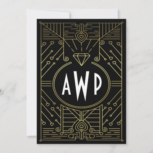 Art Deco Zwart & Goud Bruiloft Uitnodigingen (Achterkant)