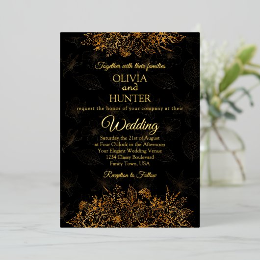 Art Deco Zwart Goud Folie Script Classic Bruiloft Folie Uitnodiging (Staand Voorkant)