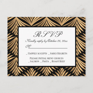 Art Deco Zwart Goud Grote Gatsby Bruiloft RSVP Kaa Uitnodiging Briefkaart