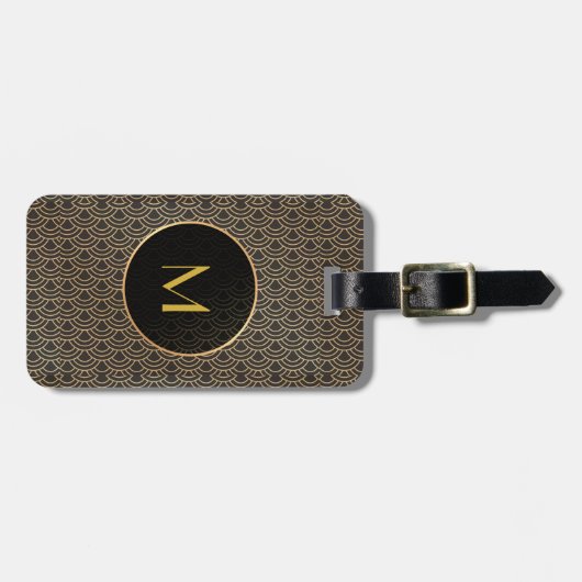 Art Deco Zwart Goud Monogram Bagagelabel (Voorkant horizontaal)