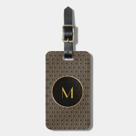Art Deco Zwart Goud Monogram Bagagelabel (Voorkant verticaal)
