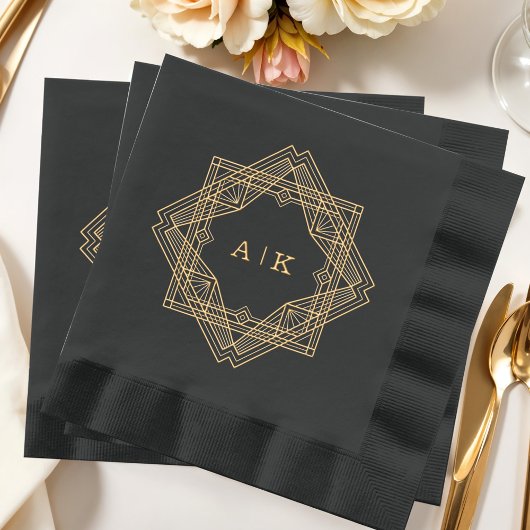 Art Deco Zwart Goud Monogrammed Folie Servetten