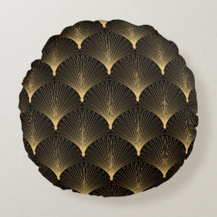 Art Deco: zwart goud patroon. Rond Kussen