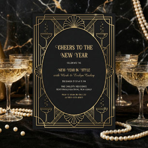 Art Deco Zwart & Goud Prost op het Nieuwe Jaar Kaart