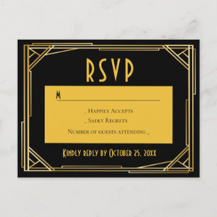 Art Deco Zwart Goud RSVP Grote Gatsby Bruiloft Uitnodiging Briefkaart
