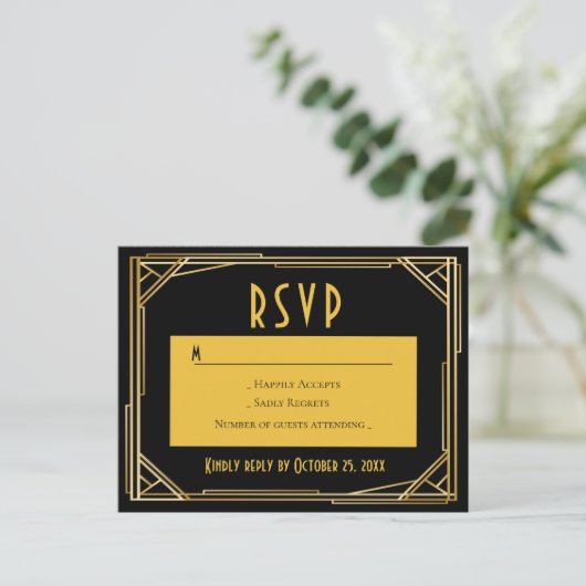 Art Deco Zwart Goud RSVP Grote Gatsby Bruiloft Uitnodiging Briefkaart (Staand voorkant)