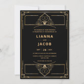Art Deco Zwart Goud Trouwen Kaart (Voorkant)