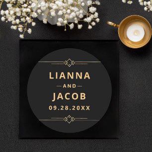Art Deco Zwart Goud Trouwen Ronde Sticker