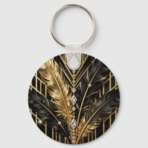 Art Deco Zwarte Gouden Veren Sleutelhanger