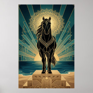Art Deco Zwarte Paard Mandala Zonsondergang Teal G Poster
