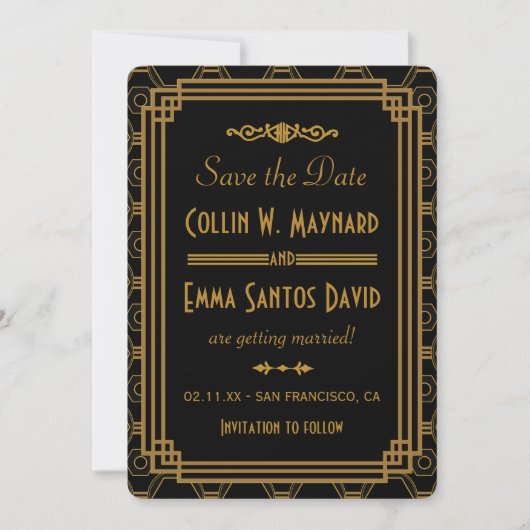 Art Deco Zwarte Save The Dates Date (Voorkant)