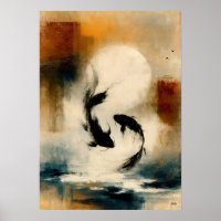Art mural abstrait de carpe Koi japonaise Sumi-E s