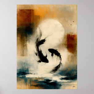 Art mural abstrait de carpe Koi japonaise Sumi-E s