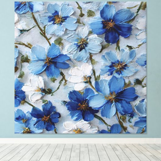 Art mural abstrait floral bleu et blanc (Insitu (Plancher de Bois))
