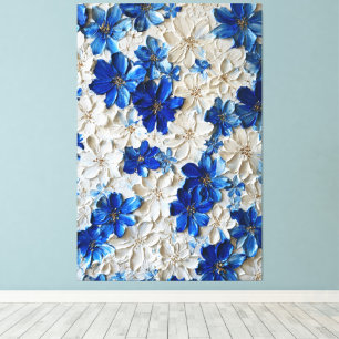 Art mural abstrait floral bleu et blanc moderne